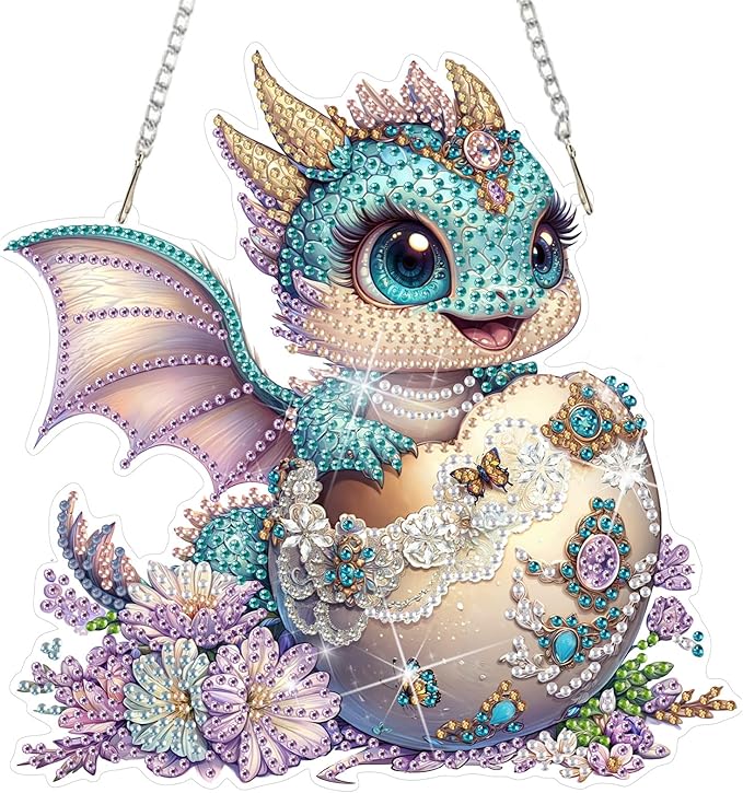 DOMROM Cute Dragon Diamond Art Hanging Kit for Adult, Special Shaped Rhinestone, 5D Diamond Art Painting Window Pendants, Home Wall Art Hanging Kits, Double Sided Hanging Ornament 5.1x7.6in