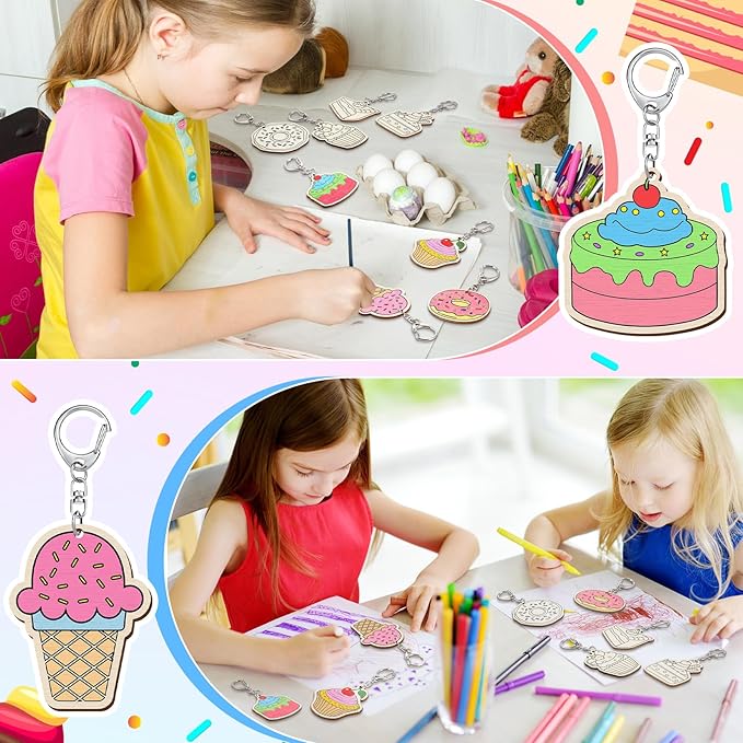 Trnayi 36 Pcs Dessert Craft Color Your Own Sweet Treat Keychains Unfinished DIY Coloring Ice Cream Wooden Donut Cupcake Crafts Blank Wood Painting Kits for Summer Art Donut Party Favors