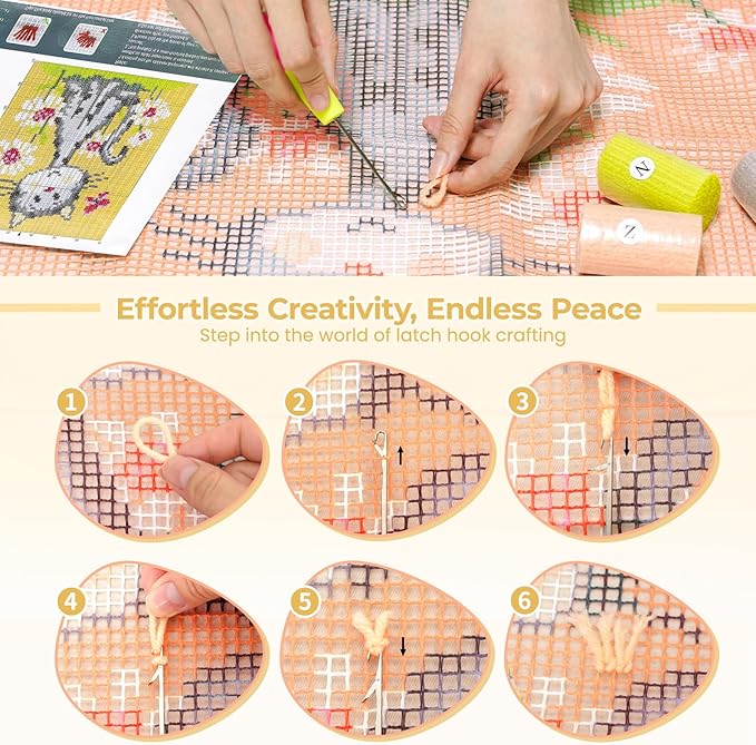 EsLuker.ly Yellow Cat Pattern Latch Hook Pillow Kits for Beginners, Animal Pre-Printed Canvas Yarn Pillow Hooking Kits, DIY Crochet Cushion Creative Craft, Ideal for Home Decor and Fun Crafting