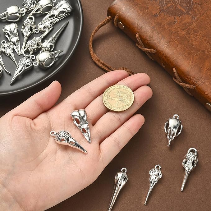 DanLingJewelry 30Pcs 6 Styles Antique Silver Raven Skull Bird Head Skeleton Charms for Halloween Jewelry Making Crafting