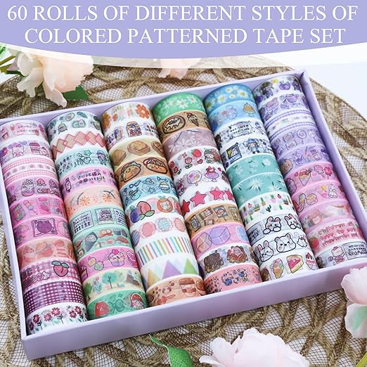 60 Rolls Cute Washi Tape Set,15 mm Wide Colorful Decorative Tape,Cute Creative Washi Tapes,Scrapbook Supplies Kit,for and DIY Crafts,Gift Wrapping,Holiday Party Decorations(Each Rolls 2.18 Yards)