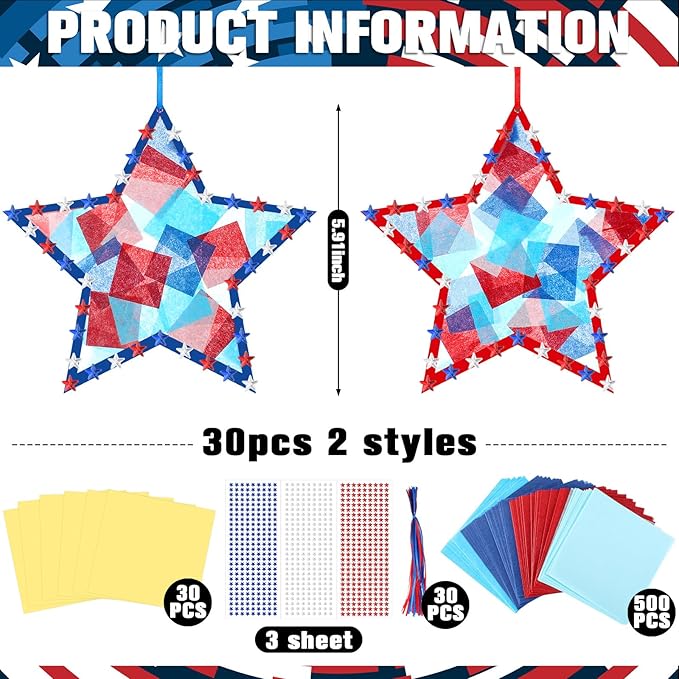 Yaomiao 30 Set Memorial Day Patriotic Suncatchers Paper Crafts Kit DIY Star Shaped Stained Glass Effect Tissue Paper Activities Hanging Decor Gift for Memorial Day