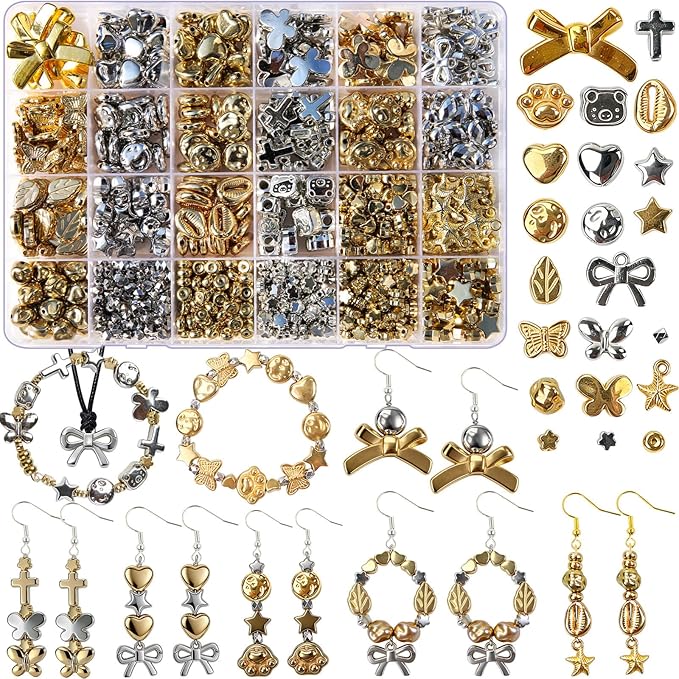 1000pcs Gold Silver Acrylic Beads Kit, 4-32mm for Jewelry Making Assorted Hearts Stars Bead Butterfy Cat Paw DIY Craft Supplies for Necklaces Earring Bracelet Keychains Adult Beginners Professionals