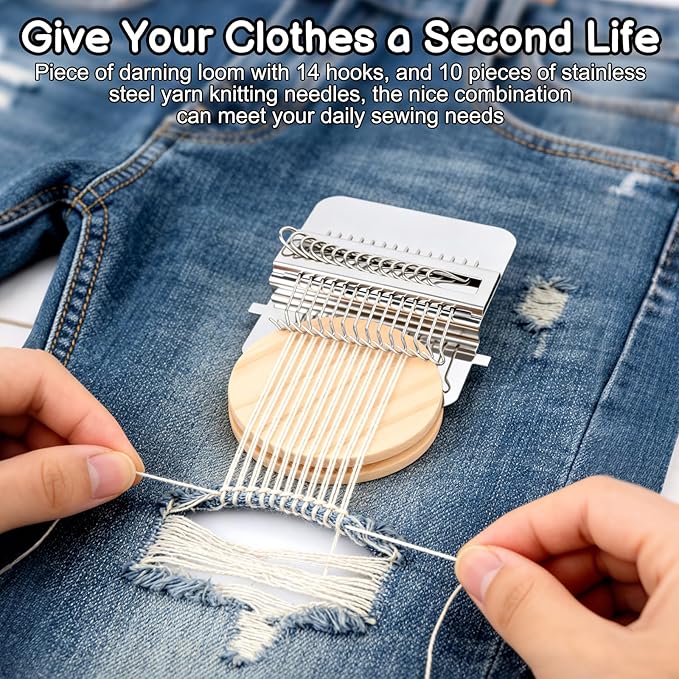 Mini Darning Looms Kit for Beginners, 14-Hook Wooden Weaving Tool with Stainless Steel Needles, Portable Knit Patch Repair Kit for Jeans Clothes Tapestries Scarves