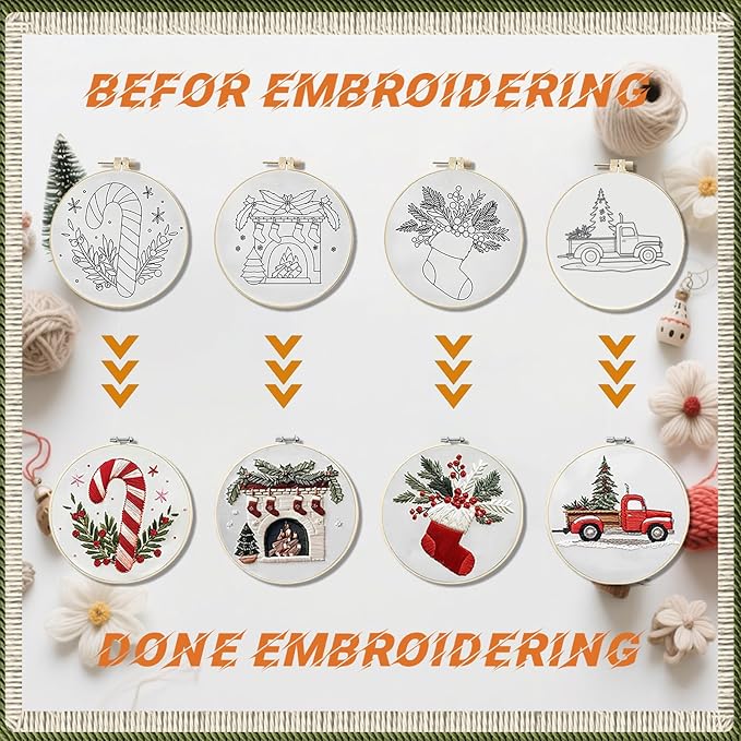 wkalxj 4 sets embroidery kits for beginners adults, cross stitch kits, needlepoint kits with instruction, video, needle point kits with candy fireplace stocking truck patterns (4 sets b)