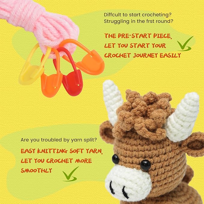 GONELYON Crochet Kit for Beginners, 3Pcs Amigurumi Crochet Animal Kits, Crocheting Kit for Starters Adult with Step-by-Step Video Tutorials, Animal Kits with Highland Cow, Lion, Bunny