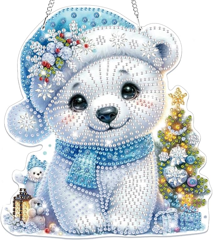 Bowetile Christmas Diamond Art Hanging Kits for Adults, 5D Special Shape Diamond Painting Kits Polar Bear, Crystal Gem Painting Arts and Crafts for Christmas Gifts for Home Garden Decor