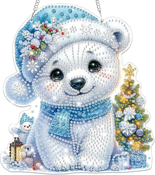 Bowetile Christmas Diamond Art Hanging Kits for Adults, 5D Special Shape Diamond Painting Kits Polar Bear, Crystal Gem Painting Arts and Crafts for Christmas Gifts for Home Garden Decor