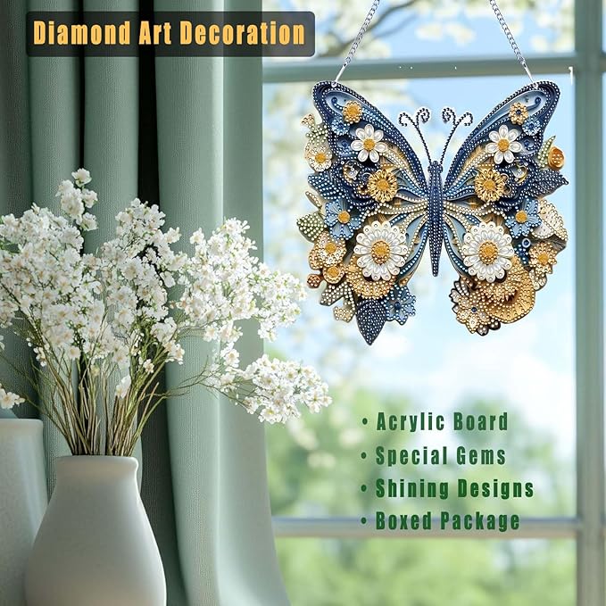 TSRUVYL Butterfly Diamond Art Painting Kit for Adults, 3D Hanging Diamond Art Suncatchers, Cute Diamond Art Painting Crafts Gift, DIY Special Shaped Gem Crystal Ornament(Blue-Butterfly)
