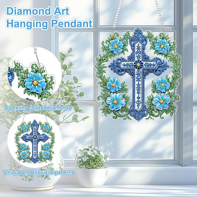 TOSTOG Cross Diamond Art Hanging Kits for Adults, Cross and Flowers Diamond Painting for Adults Window Pendant, Special Shape Diamonds Diamond Painting Hanging Pendant Kit for Wall Home Decor Gift