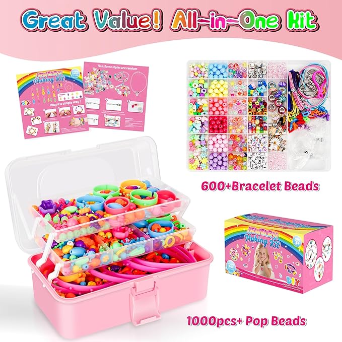 funzbo 1600 pcs pop beads with bracelet making kit, jewelry making kit for 3 4 5 6 7 8 9 year old little girls, arts and crafts necklace bracelet ring snap, birthday valentines day gifts for kids