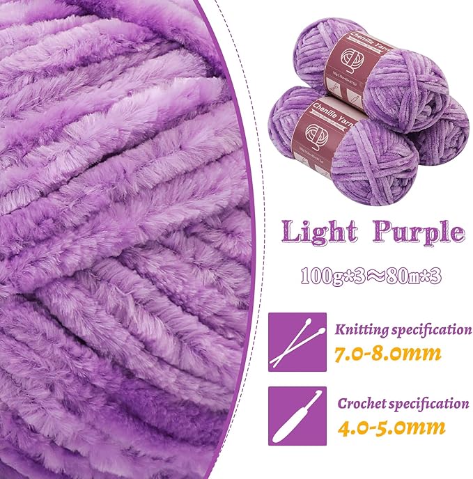 LUNARM 3 * 100g Chenille Yarn, Yarn for Crocheting Knitting with Big Eye Needles, Handcrafts Weaving Soft Chenille Yarn for Making Blankets, Clothes, Pattern Knitting Creations (Light Purple)