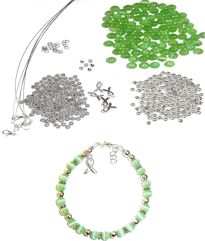 Hidden Hollow Beads DIY Craft Beading Kit, Everything to Make Cancer Awareness Bracelets, Uses Wire, Crimps and Clasps, Fundraising and Gifts (Liver, Lymphoma - Mint Green - Makes 5)