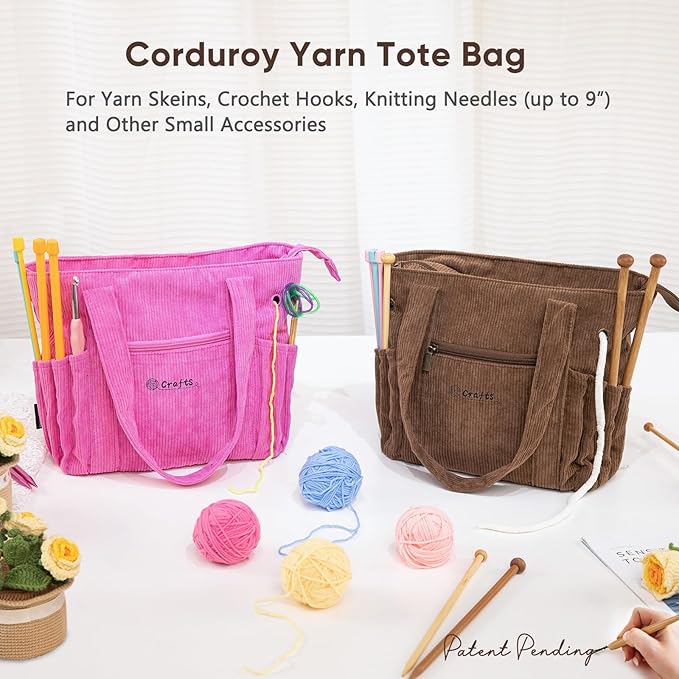 Crochet Bag and Tote - Corduroy Yarn Bag - Yarn Holder for Crocheting - Crochet Storage Bag for Crochet Hooks, Crochet Accessories, Knitting Bag for Crochet Lovers, Mom Gift