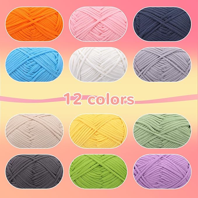12x50g (21.1Oz) Crochet Yarn, Yarn for Crocheting, 12x87Yds Beginners Multicolor Cotton-Nylon Blend Yarns with Easy-to-See Stitches, Stitch Markers, Blend Crochet Kit Making