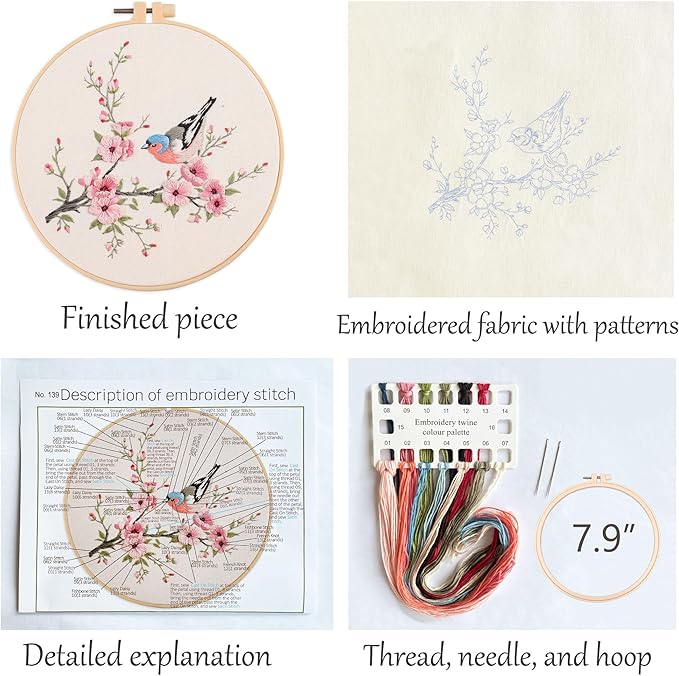 Silentsea Embroidery Kit, Floral and Nature Designs, 3-Pack with Hoops, Needlework Pattern Set (Bird)