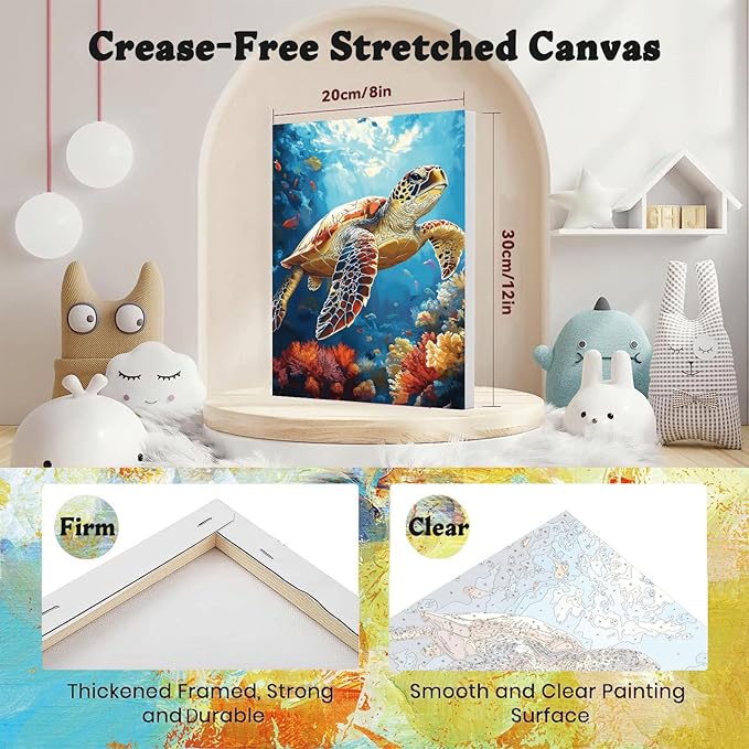 xackcme Turtle Paint by Numbers for Adults with Framed Canvas - with Wooden Easel, Sea Turtle Paint by Number on Canvas, DIY Acrylic Oil Painting Kits with Brushes for Home Wall Decor (8x12 inch)