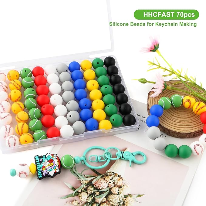 70Pcs Print Silicone Beads for Keychain Making,Round 15mm Silicone Beads for Pens, Necklace and Bracelets Making（Ball Print）