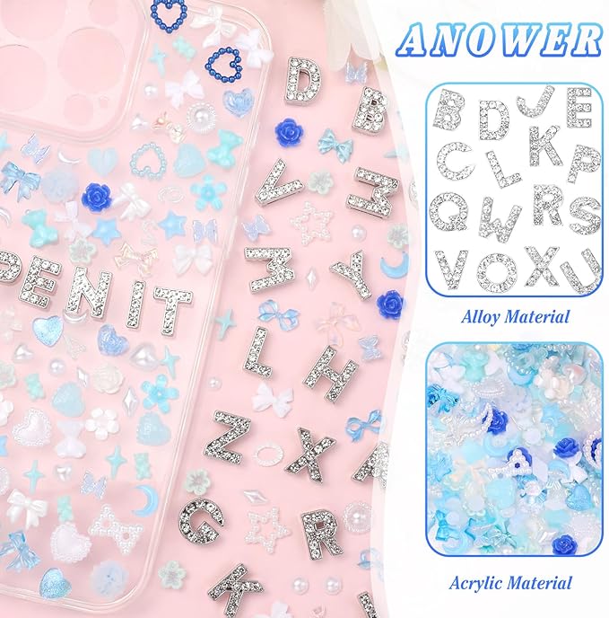 330 Pcs Blue Junk Phone Case Charms 26 Pcs A-Z Rhinestone Alphabet Letter Charms, Mix Flower Bow Heart Pearls Flatback Resin Charms Letter Junk Cases Kit for DIY Crafts