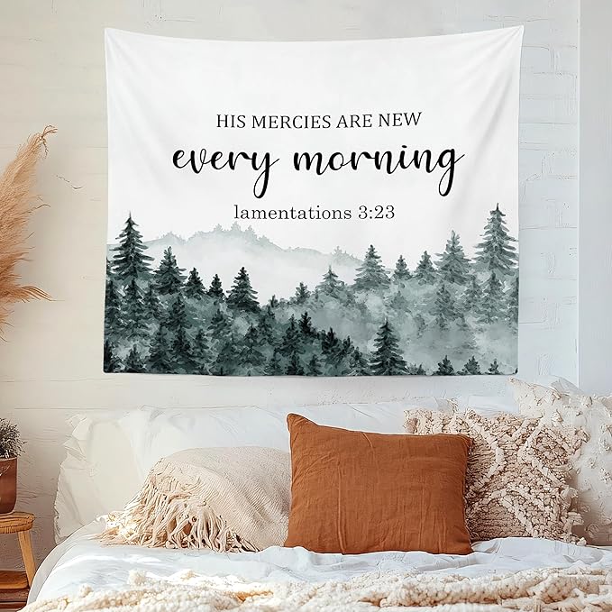 MNASAIOO Christian Mountian Wall Tapestry Hanging for Bedroom, Bible Verse Scripture His Mercies Are New Every Morning Tapestries, Watercolor Wall Decor Banner for Living Prayer Room Church 50x60in