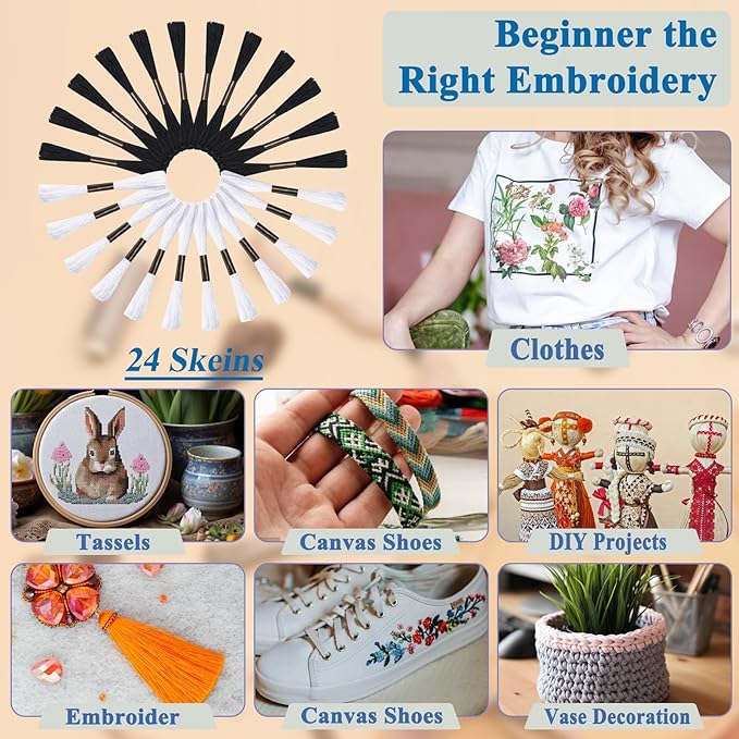 Friendship Bracelet String, 24 Skeins Black and White Cross Stitch Thread, 344.5 Inch Cotton Embroidery Floss, Hand Embroidery Thread Tools are Ideal for DIY Sewing and Embroidery Crafts Making