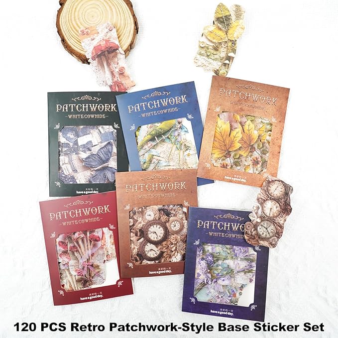 Retro Patchwork Base Sticker Pack – 120pcs Vintage Collage Paper Stickers, Laser Cut No White Edge, Fabric Style Ephemera for Scrapbook Journal Junk Journal DIY Decoration