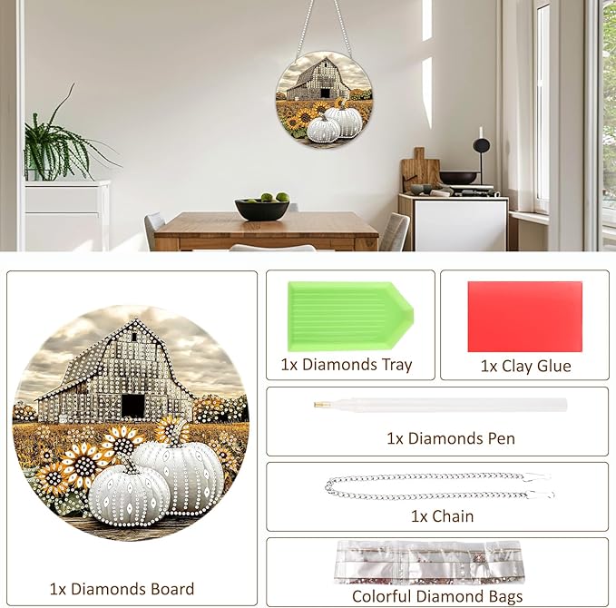 SENQAO Farmhouse Diamond Art Hanging Kits for Adults, Acrylic Diamonds Painting Pendant Board Kits Pumpkin, Diamond Art Painting Window Pendants Home Garden Wall Hanging Kits Hanging Ornament