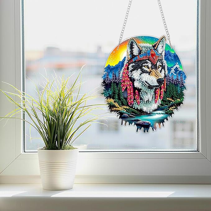 SENQAO Wolf Diamond Art Hanging Kit for Adult Mountain Landscape, 5D Special Shape Diamond Art Kits, Wolf Crystal Rhinestones Diamond Gem Art Painting for Home Garden Wall Decor