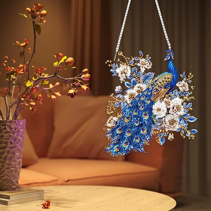 Lxmsja DIY Peacock Diamond Painting Hanging Ornament, Double-Sided Acrylic Sparkling Flowers Diamond Art Kit, Special Shaped Suncatcher Hanging Pendant Window Art Kit 8x7 inch