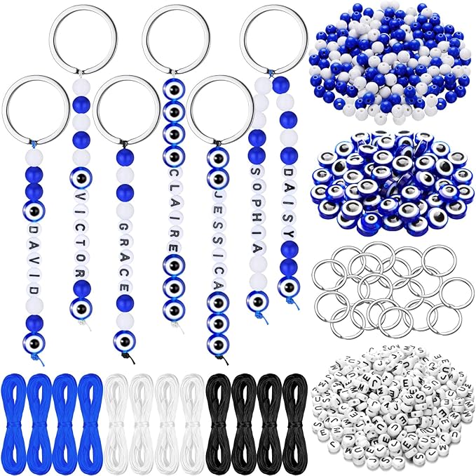 Landical 564 Pcs Evil Eye Keychain Making Kit DIY Bead Keychain Charm Blue Key Chain Craft Adjustable Letter Bead String Alphabet Jewelry Amulet for Good Luck Holiday Christmas Party Favor(Blue White)