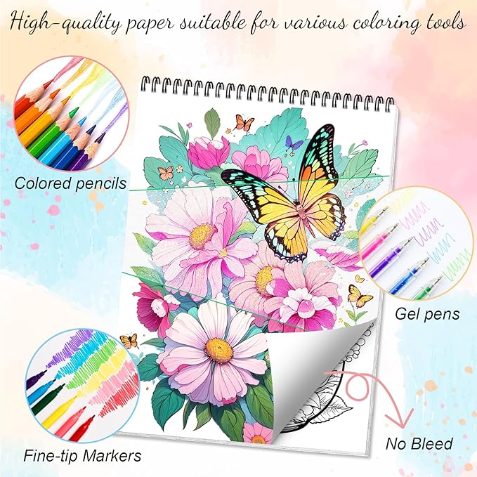 Adult Coloring Book for Women Relaxation Spiral Bound Thick Paper Page One Sided Design Gifts Arts and Crafts for Women to Relax, Anxiety and Depression 30 Colorful Coloring Pages of Dream Butterfly