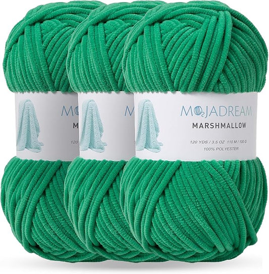 Marshmallow Yarn 3PCS 3.5oz Soft Chenille Yarn for Amigurumi Baby Blanket Yarn: No Shedding Soft Easy to Knitting and Crocheting Bulky 5# Yarn 3 Skeins of 100g (Leprechaun Color)
