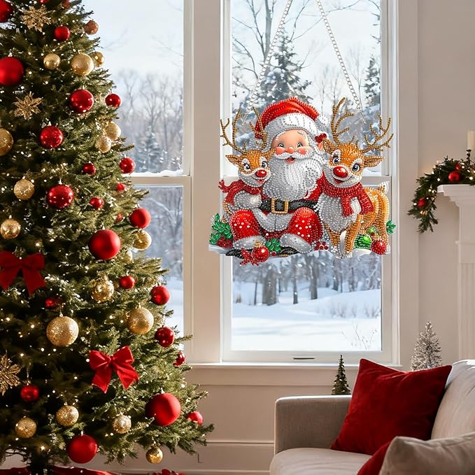 MAXBYE Christmas Diamond Art Kit for Adults, Santa Claus Acrylic Diamonds Painting Hanging Pendant Kit, 5D DIY Elk Gem Art Kit for Home Wall Decor