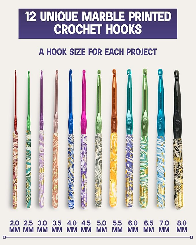 The Quilted Bear Marble Crochet Hook Set - 12 Ergonomic Soft Grip Crochet Hooks Set with Light Polymer Clay Handle for Comfortable Crocheting & Knitting (2mm-8mm)
