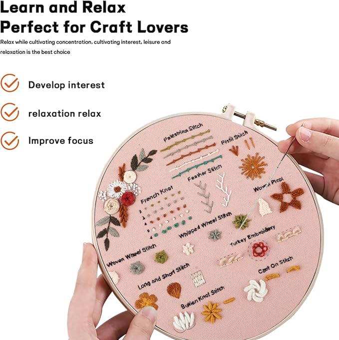 JOINRUN Beginner Embroidery Kit for Adults, 3 Pack Cross Stitch Kits with Pre-Printed Patterns, Threads, Needles, Learn Stitches with 7.8" Hoop, Video Tutorial, DIY Needlework Craft Gift for Women