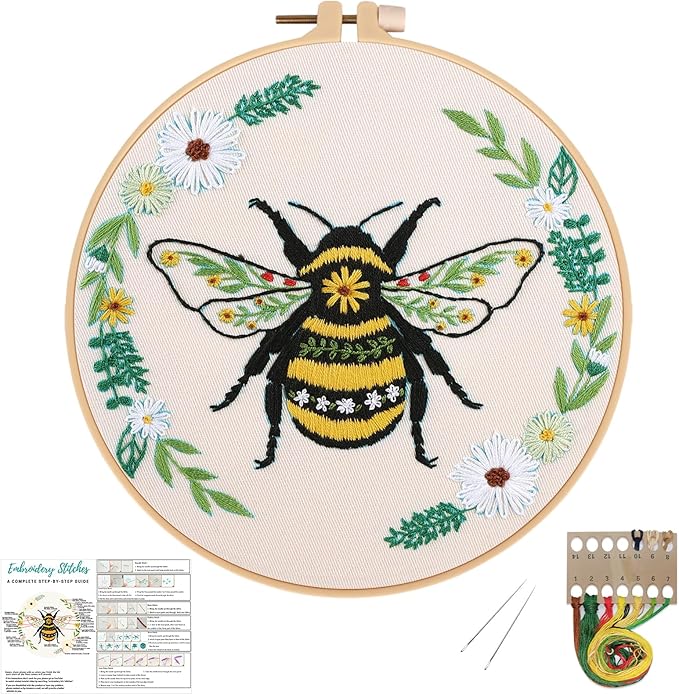 Louise Maelys Bees Embroidery Kits for Beginners, DIY Cross Stitch Starter Craft Kit for Adults Including Cloth with Pattern, Hoop, Needles Instruction and Threads