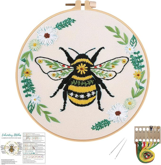 Louise Maelys Bees Embroidery Kits for Beginners, DIY Cross Stitch Starter Craft Kit for Adults Including Cloth with Pattern, Hoop, Needles Instruction and Threads