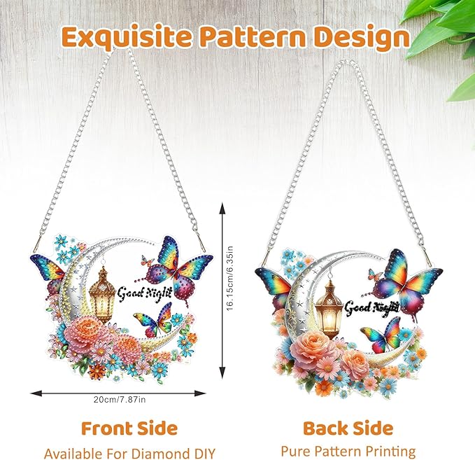 MEIYUDA Moon Butterfly Diamond Art Hanging Kits for Adult, Good Night Diamond Painting Hanging Kits Ornaments, DIY Special Shaped Rhinestone Window Pendants kit for Home Garden Wall Decor Gift