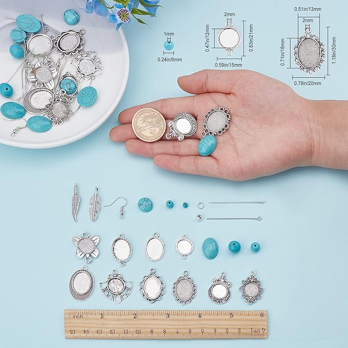 SUNNYCLUE 1 Box DIY 10 Pairs Turquoise Bead Earrings Making Kit Alloy Enamel Leaf Pendants Charms with Turquoise Beads Eye Pin & Earring Hooks for DIY Earring Jewelery Making, Antique Silver