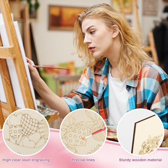 COCHIE 10 Pieces Large Valentine's Day Unfinished Wood Crafts to Paint for Adults, Bulk Predrilled Wooden Ornaments for Painting, Heart Pattern Paintable Wood Slices Craft Supplies with Ropes