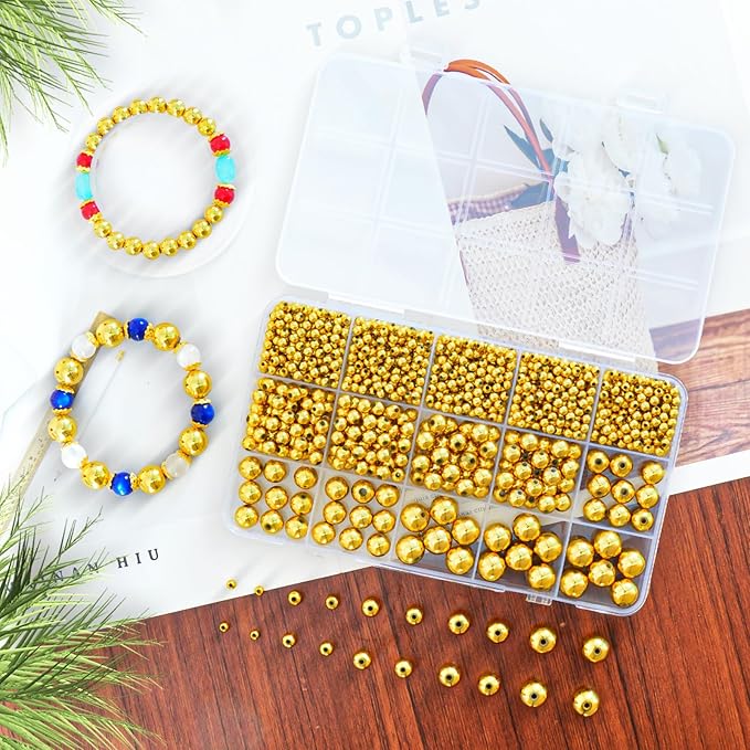 Laopottbeads 1225 Pcs Gold Beads with Oxidation-Resistant Finish, 4/6/8/10/12mm Round Beads DIY Kit for Bracelets, Earrings, Necklaces & Anklets