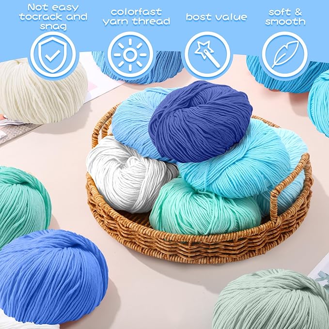 16 Skeins Cotton Yarn for Crocheting Knitting Soft Fine Clothes Cotton Blankets Yarn Bulk Assorted Colors for DIY Craft, Each 50g/185yard, 16 Colors(Blue Series)