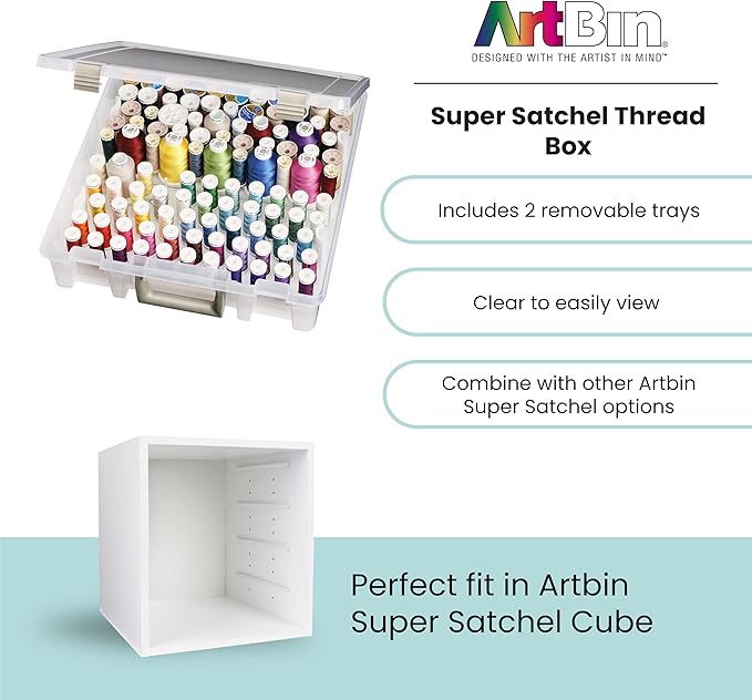 ArtBin Super Satchel Thread Box - Versatile Thread Storage for Sewing, Embroidery, and Quilting - 108 Pegs, Portable Design, Compatible with ArtBin Accessories - Made in USA, Transparent and Compact