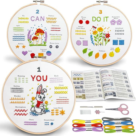 bradove embroidery kit for beginners, learn to embroider top 29 stitches and cute patterns with video tutorial and instruction booklet, beginner embroidery kit for adults kids, stitches kit