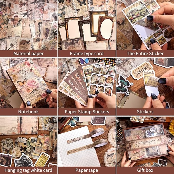 icceemee Scrapbooking Supplies Kit, Brown Garden Scrapbooking Kit for Bullet Junk Journaling, Stationery, A6 Grid Notebook, Flower DIY Journaling Supplies, Birthday Craft Gift for Teen Girls