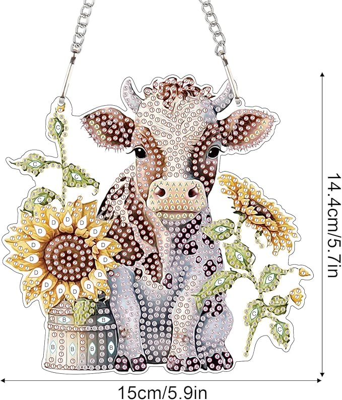 Sunflower and Cow Diamond Art Hanging, DIY 5D Diamond Painting Ornament with Rhinestones, Handmade Craft Gift for Wall, Door, Window, Home or Garden Decor