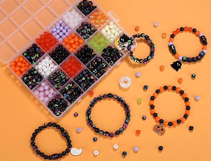 XIANNVXI 480pcs 23color Halloween Glass Beads Jewelry Making Kit Black Orange Purple White Friendship Bracelet Supplies with Halloween Pattern Beads Crafts