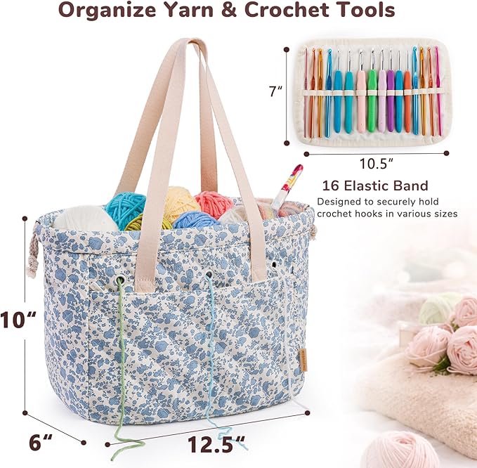 MYBAGZING Portable Crochet Bag Organizer with Crochet Hook Organizer Roll, Quilted Yarn Storage Tote with Grommets, Knitting Project Bag for Yarn & Accessories, Floral Craft Tote Gift for Crocheters