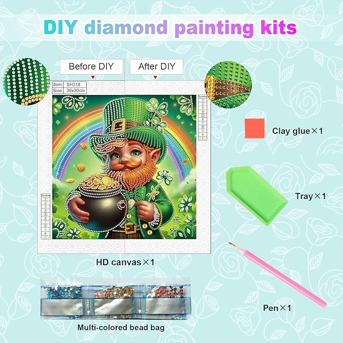 MVVMTOP Diamond Painting Kit St Patrick’s Day Dwarf and Rainbow Shamrock Lucky Coins Special Shaped 5D Partial Crystal Diamond Art DIY Wall Decor Gift