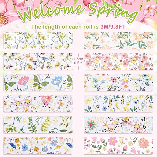Whaline 12 Rolls Spring Floral Washi Tapes Foil Gold Colorful Flowers Masking Tape 0.6 Inch Watercolor Plants Spring Decorative Washi Tape Sticker for Holiday Scrapbook Journal DIY Craft Gift Wrapping